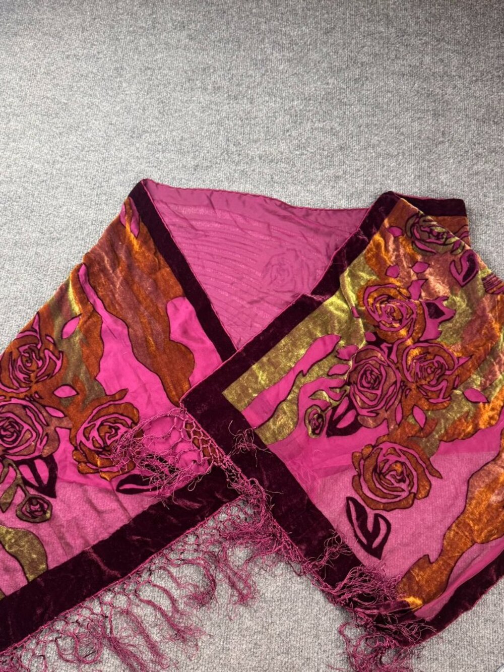 Vintage Burnout Velvet Fringe Shawl Scarf Floral Roses Sheer Pink Bronze 20x66IN